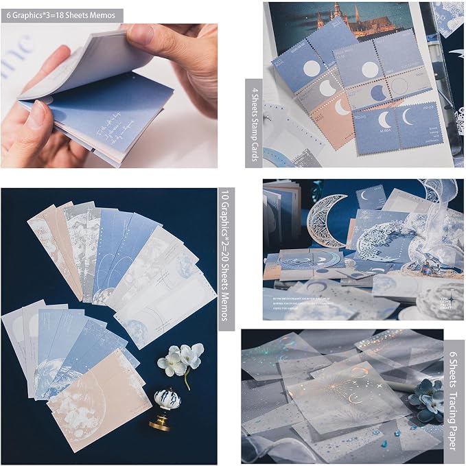 Doraking 63PCS Moon Embellishment Scrapbook Paper Packs for Journaling