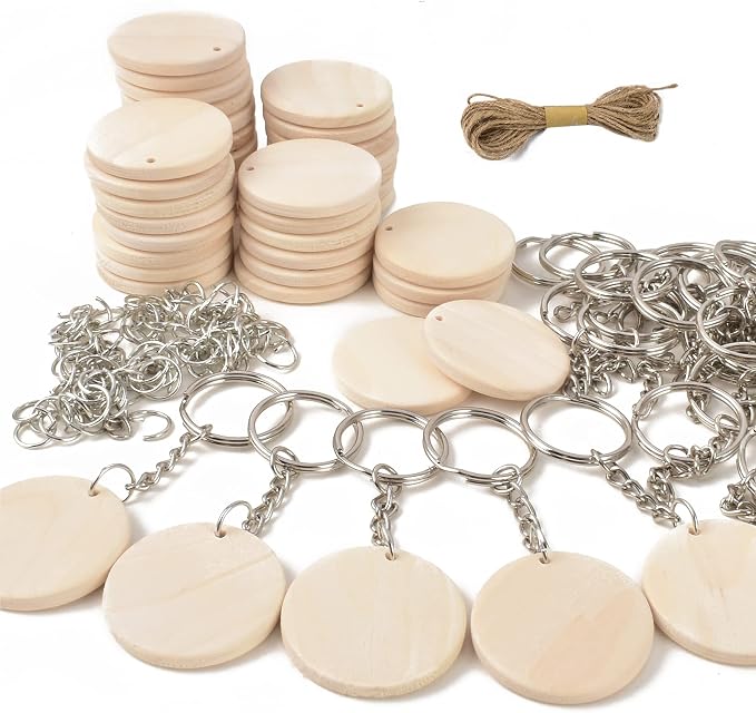 30Pcs Natural Wood Slices, 1.5 inch Unfinished Wood Sign, Unfinished Predrilled Log Discs Wooden Circles with 30 pcs Key Rings for DIY Crafts Christmas Decorations Ornaments