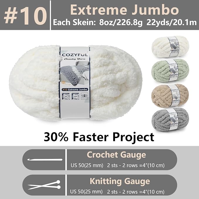 Cozyful Chunky Yarn for Hand Knitting - #10 Chunky Chenille Yarn, Jumbo Big Thick Chunky Yarns for Crocheting, Super Bulky Chunky Knit Blanket Yarns, 8 Skein (22yd, 8oz/Skein), Cream&Sage&Khaki&Grey
