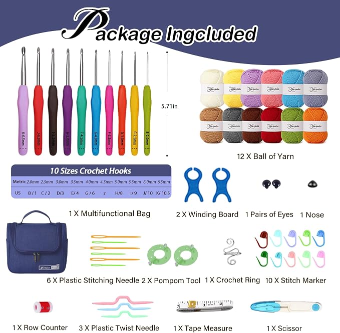 Yarniss Crochet Kit for Beginners,All in One Crochet Kits for Adult,Navy | Ergonomic Crochet Hooks Set with 840 Yards Crochet Yarn & Crochet Accessories,Learn to Crochet with Instruction & Tutorial