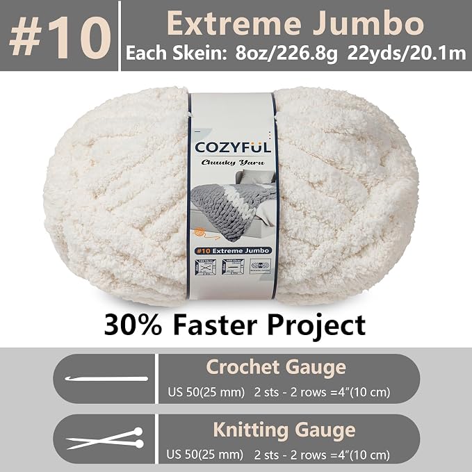 Cozyful Chunky Yarn for Hand Knitting - #10 Chunky Chenille Yarn, Jumbo Big Thick Chunky Yarns for Crocheting, Super Bulky Chunky Knit Blanket Yarns, 8 Skein (22 yds 8 oz Each Skein), Beige White