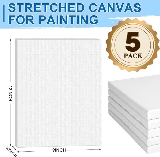 ESRICH Stretched Canvas for Painting, 5 Pack 9x12 Inch Canvas Value Pack,Primed Acid-Free Cotton Blank Canvases, Painting Canvas for Oil & Acrylic Paint.