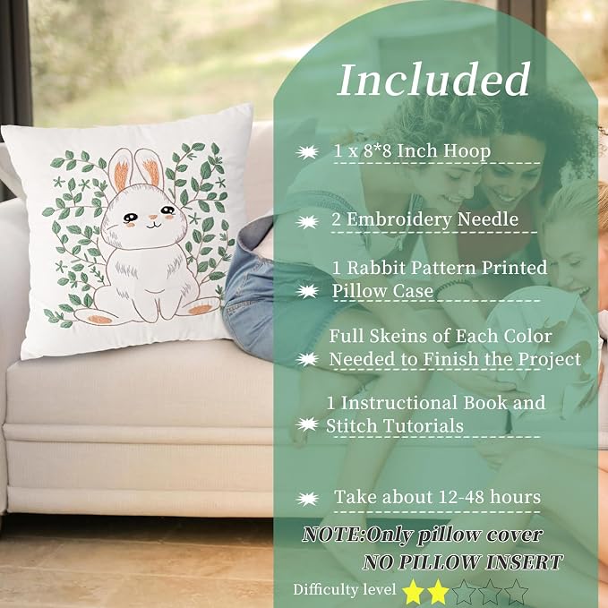 FONNUY Easter Throw Pillow Case Embroidery Kit, Eucalyptus Leaves Happy Rabbit Bunny Stamped Pattern Kits for Audlt Beginners, Hand Works Crafts Throw Pillow Cover, 18 x 18'' (Rabbit 01)