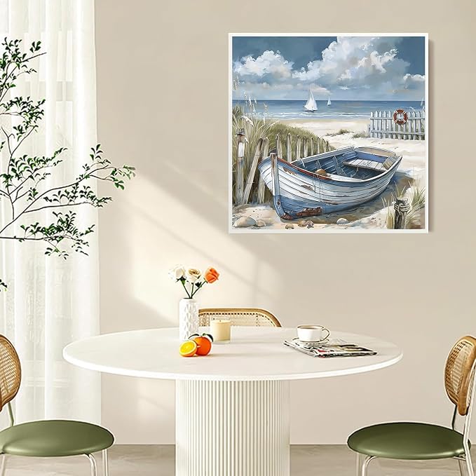 Accompany Wind Beach Scenery Diamond Art Kits for Adults, 5D Boat Diamond Painting Kits for Beginners,DIY Round Full Drill Diamonds Gem Art Crafts for Home Wall Decor Gifts 14x14 Inch