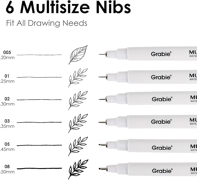 Grabie Micro Fineliner Pens, 6 Black Waterproof Drawing Pens | Waterproof Pigment Ink, 6 Assorted Tip Sizes, Precision Fine Lines, Metal-Clad Nibs, Smooth Ink Flow, Smudge Resistant