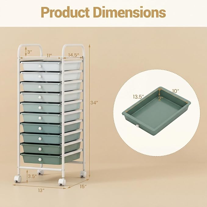 COSTWAY 10-Drawer Rolling Storage Cart, Utility Mobile Trolley