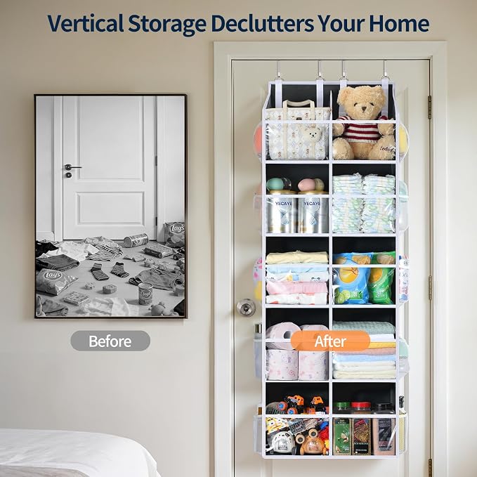 Yecaye 80lb Clear Door Hanging Yarn Storage Organizer, 10 Large Plastic Pockets & 10 Mesh Pockets Over the Door Crochet Organizer, 5 Tier Yarn Ball Storage for Knitting Needles, Black