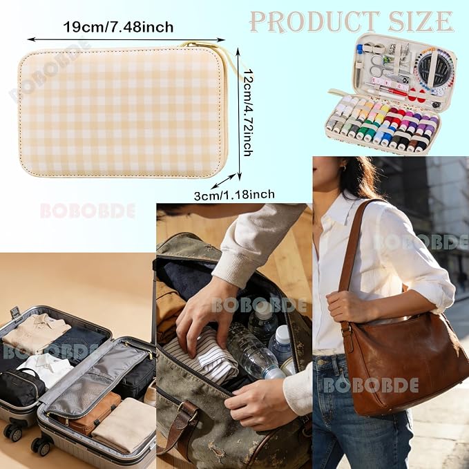 Travel Basic Sewing Kit with Checkered Pattern Sewing Set | Professional 130PCS Sewing Supplies Heavy Duty Needles Kit Printing Sewing Kit for Adults & Beginners Emergency, Home