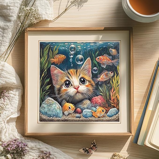 Cat Fish Funny Paint by Numbers Kit for Adults Framed Canvas Frameworkless | Easy Adult Paint by Number Kits on Canvas DIYCat Fish Funny Painting for Beginners Art by Numbers for Home Wall Decor Gift