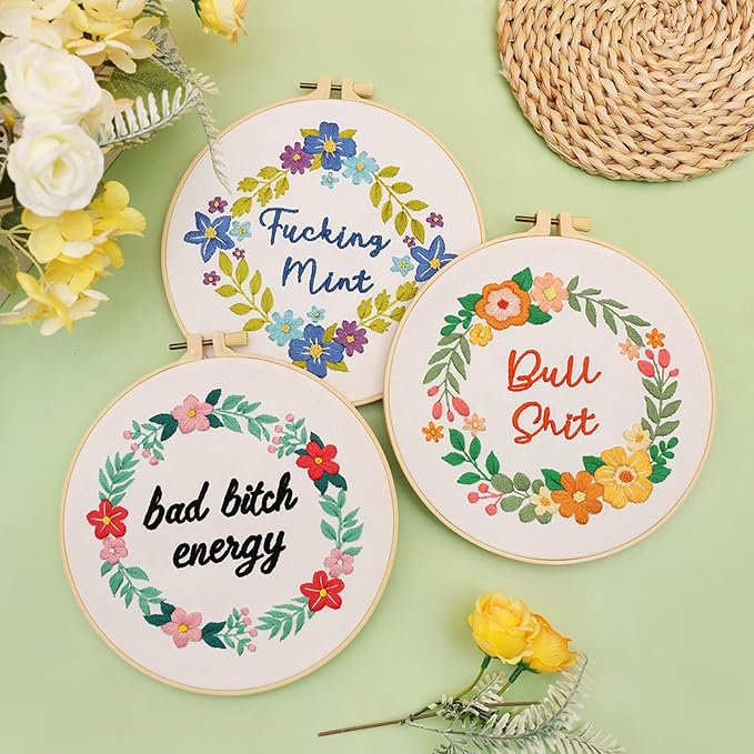 Louise Maelys 3 Pack Funny Quote Embroidery Kit for Beginners Floral | Cross Stitch Kits Include Pre-Printed Fabric, Embroidery Hoop, Threads, Needles and Guide. Needlepoint Kit for Beginners
