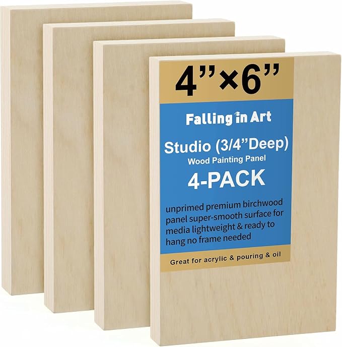 Falling in Art 4 Pack 4x6’’ Unfinished Birch Wood Panels Kit for Painting | Studio 3/4’’ Deep Wooden Canvas, Cradle Boards for Acrylic Pouring, Art, Crafts, Epoxy Resin, Laser Engraving Cutting