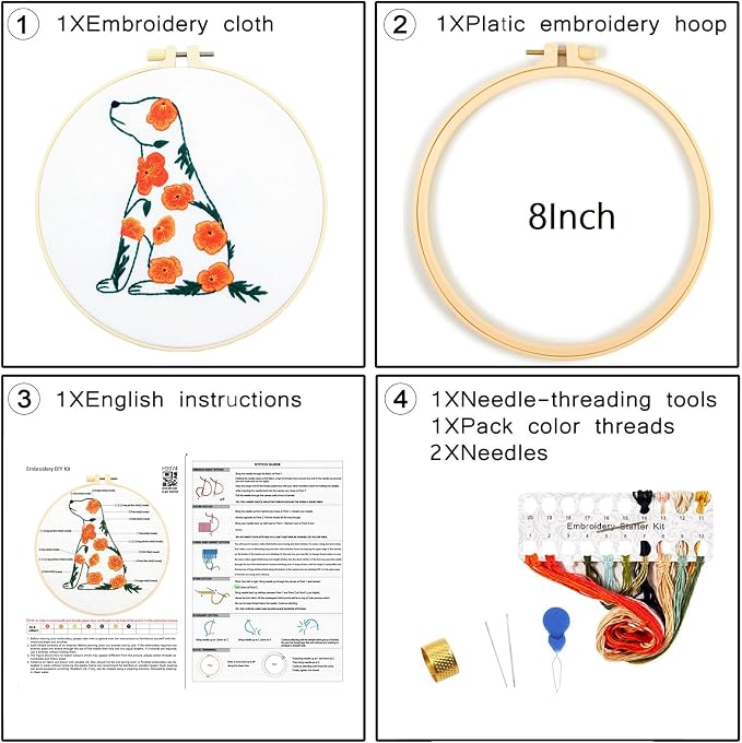 Crafmanoe Flowers Dog Embroidery Kits for Beginners Adults, Hand Embroidery Starter Kits, Stamped Cross Stitch Kits DIY Needlepoint Kit for Beginners Adults, Embroidery Hoop, Thread and Video Tutorial
