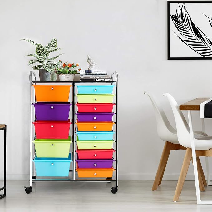 LDAILY 15 Drawer Rolling Storage Cart, Rolling Cart with Drawers for Classroom, Art Supply Craft Organizer on Wheel with Metal Frame & Handles for Home Office School