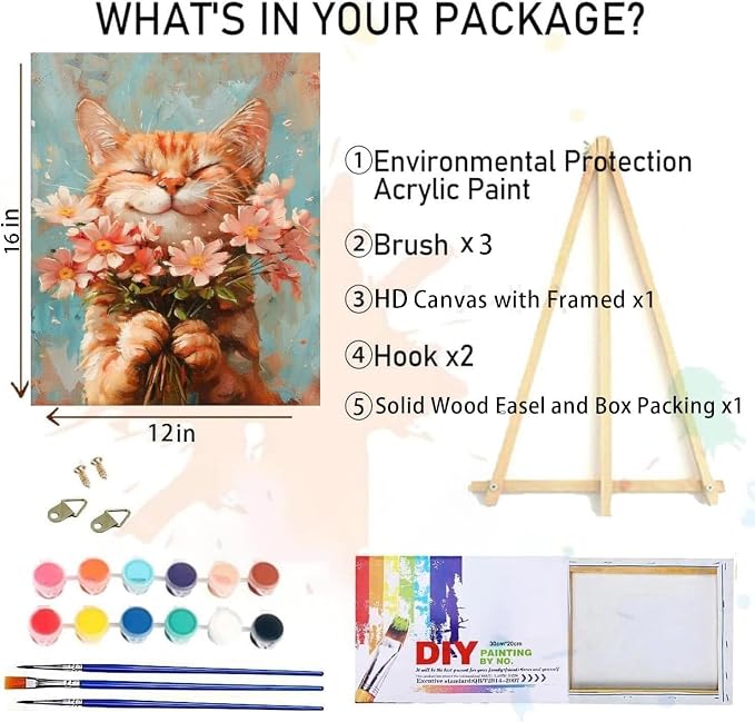 Cat Paint by Numbers Kit for Adults with Framed Canvas&Wooden Easel, DIY Acrylic Paint by Numbers Kits on Canvas, Cat with Flower Drawing Paintwork Arts and Crafts for Home Wall Decor 12x16inch