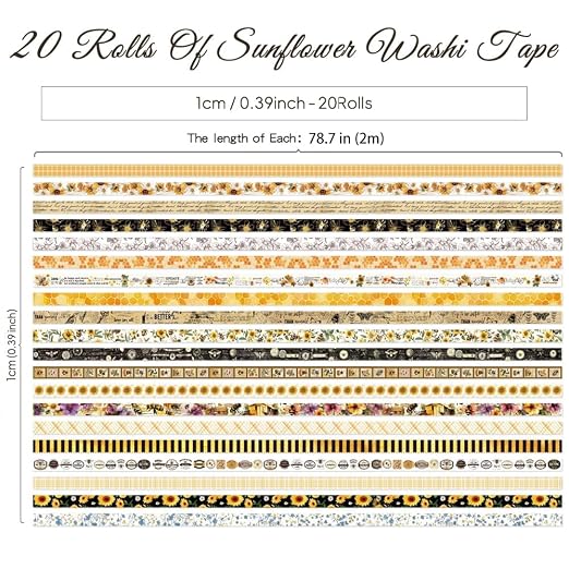 icceemee 20 Rolls Sunflower Theme Washi Tape Set with Different Colorful Patterns, Writable Decorative Tapes for Scrapbooking, Junk Journal Supplies, Bullet Journaling, 0.39'' x 79'' per Roll