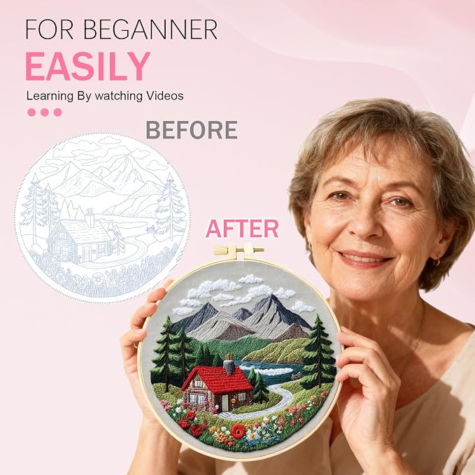 Huacan 1pc House Embroidery Kits for Beginners Mountains River Landscape Small Cross Stitch Kits Ideal for Crafting Art & Gifts