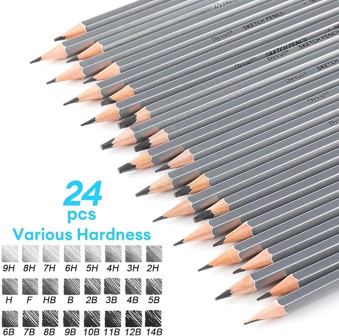 Dyvicl Professional Drawing Sketching Pencil Set - 24 Pieces Drawing Pencils 14B, 12B, 11B, 10B, 9B, 8B, 7B, 6B, 5B, 4B, 3B, 2B, B, HB, F, H, 2H, 3H, 4H, 5H, 6H, 7H, 8H, 9H Graphite Pencils