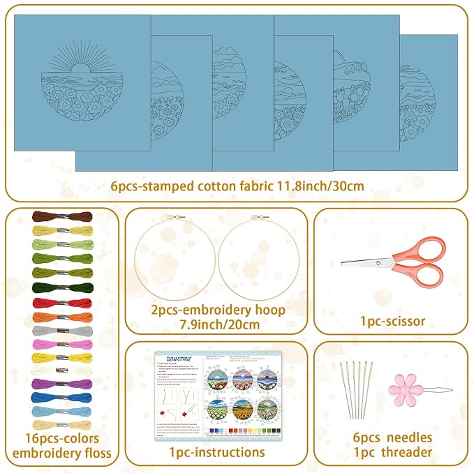 BEUNITONE 6 Set Flower Sea Starter Embroidery Kit with Pre-stamped Pattern Needlepoint Craft Kits with Embroidery Hoops Complete DIY Handmade Cross Stitch Set for Home Decor and Festival Gifts 20x20cm