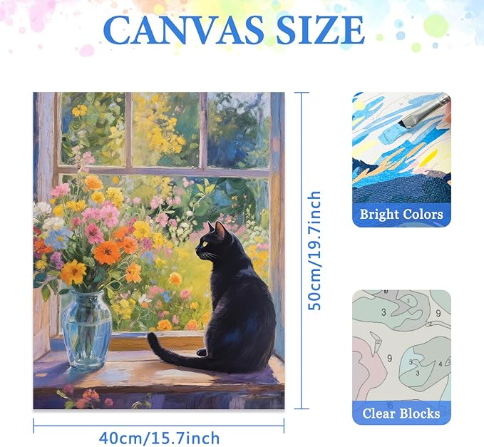 Black Cat Paint by Numbers Kit for Adults Beginner,Cat on Windowsill Paint by Number Kits for Adult,Unframed Window Scenery Digital Oil Painting Art Crafts Kit for Home Decor Gifts 16X20 Inch.