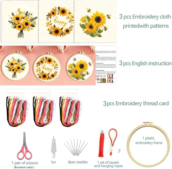 Zhenqing Cross Stitch Kit for Beginners, Flower Pattern and Butterfly Design, Stamped Embroidery Set (Flower Bee)
