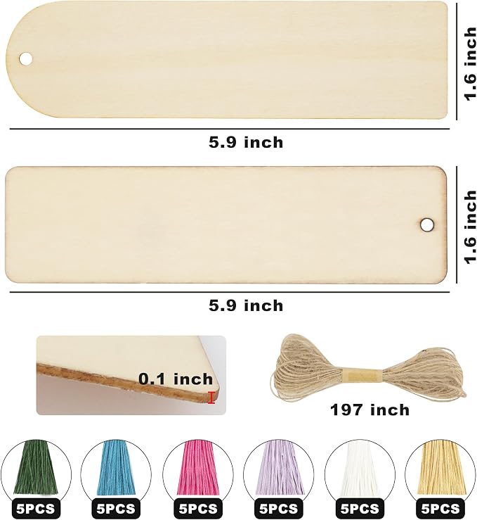SWATOM Wood Bookmarks Blank DIY Semicircle & Rectangle Wooden Bookmark Craft Bulk 30 PCS Unfinished Wood Tags Rectangle Shape Ornaments with Holes and Tassels for Wedding Party Birthday Decoration