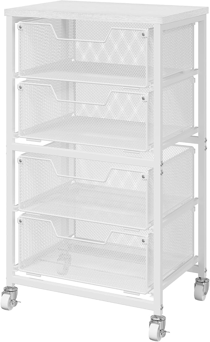 4-Drawer Rolling Storage Cart, Utility Cart with Drawers, White Metal Craft Cart Organizer with Wheels & Wooden Top, Art Supply Storage Organizer for Classroom, Office, Kitchen,Patent Pending