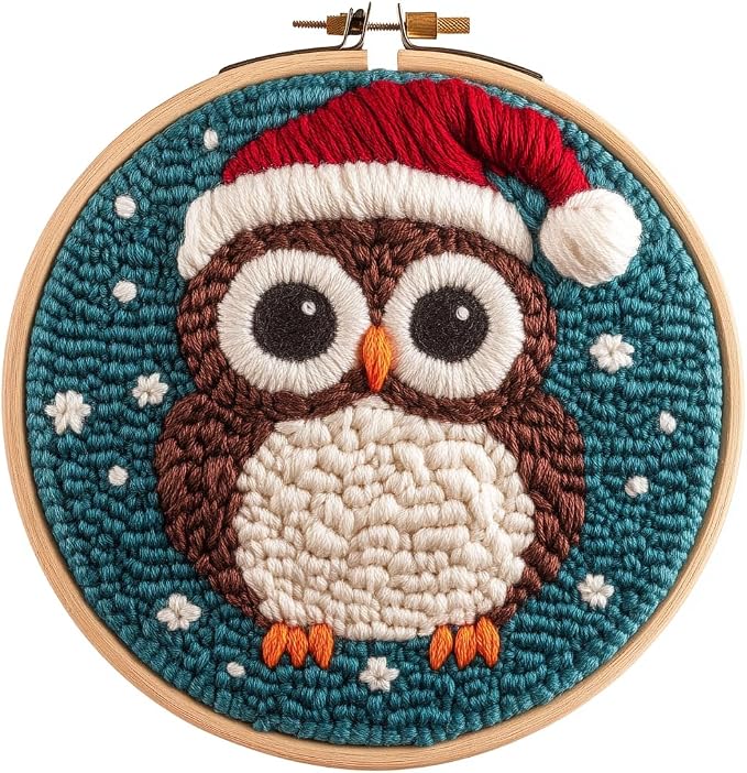 DIY Punch Needle Kits Owl Wear Christmas Hat with Hoop 20x20cm-1