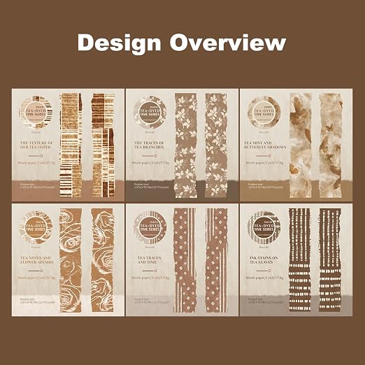 Tea-Dyed Scrapbook Washi Tape Set – 6 Rolls with Metal Clip, Torn Edge Brown Patterns Vintage Journal Collage Supplies for Junk Journal, Planner, Cardmaking & DIY Crafts