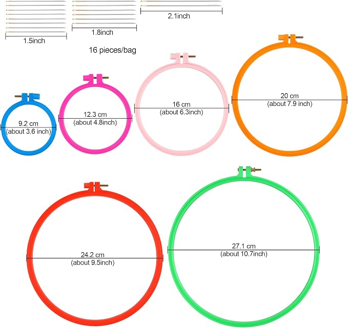 Phinus 6 Pcs Embroidery Hoop 6 Size, Round Plastic Cross Stitch Hoop with 16 Needles (3.6In to 10.7 in), Small Embroidery Hoop, Cross Stitch Hoops, Frames, Embroidery, Craft Sewing(Multicolor)