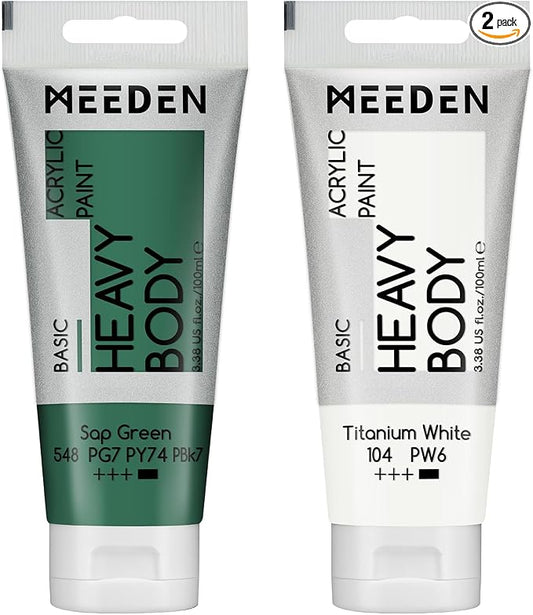 MEEDEN Acrylic Paint Sap Green: 100ml/3.38oz x 2 with Titanium White | Heavy Body Artist Acrylic Paint Set for Canvas, Wood & Craft, Non-toxic Creamy Art Paint with Titanium White for Mixing