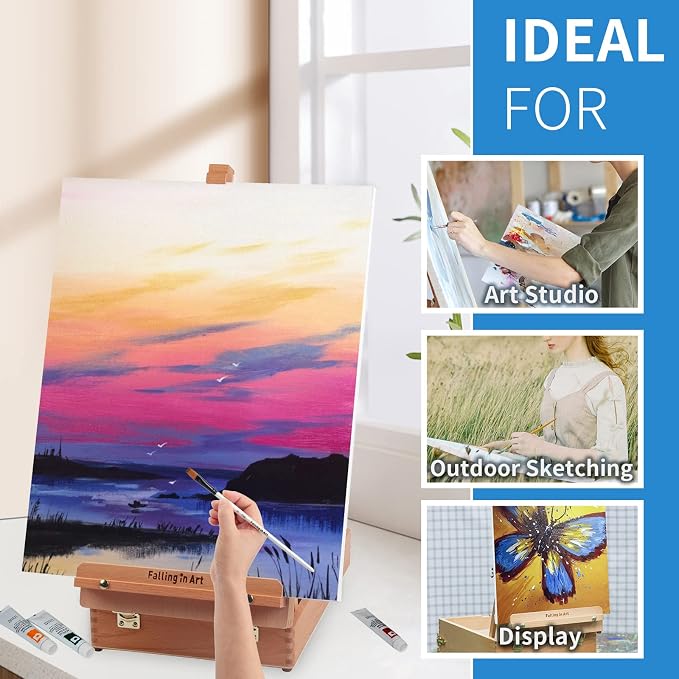 Falling in Art Wooden Tabletop Easel, Beech Wood Sketchbox Desktop Easel | Painting, Portable Art Drawing Easel for Beginners and Professionals