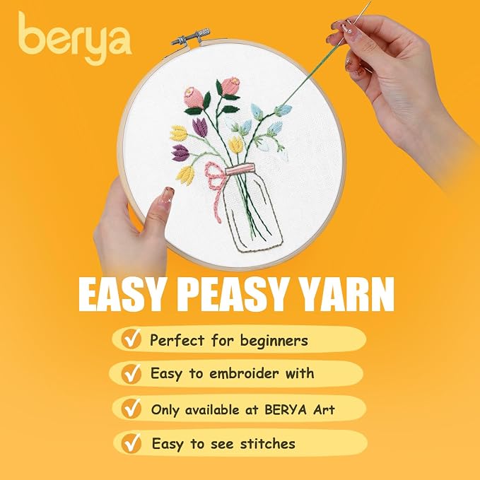 BERYA Flowers Embroidery Kit Including Video Step by Step Instructions Embroidery Hoop,Color Threads and Embroidery Scissors for Beginners-Handmade Needlepoint Kits for Adults