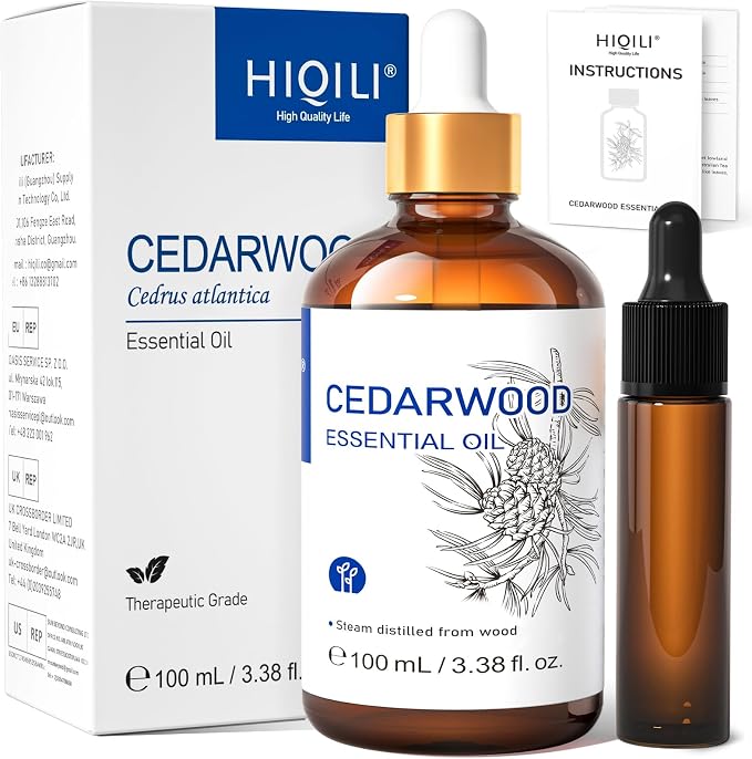 HIQILI Cedarwood Essential Oil for Skin Care, Diffuser & Home Protection