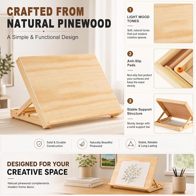 13.8"x11.4" Wooden Tabletop Easel with Paint & Sketch Papers, Masking Tape | Adjustable Art Easel Stand with 3 Angle Settings, Drawing Board for Canvas Painting, Sketching, Book Reading, Tablet Display