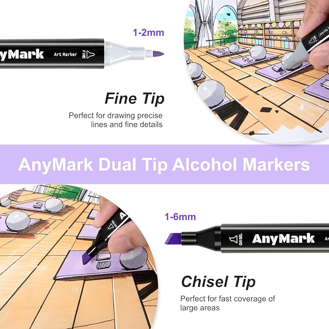 AnyMark Alcohol Markers, 168 Colors Dual Tip Art Coloring Markers Set | Alcohol Based Markers for Adult Book Drawing Sketching Painting, Chisel & Fine, Black Penholder