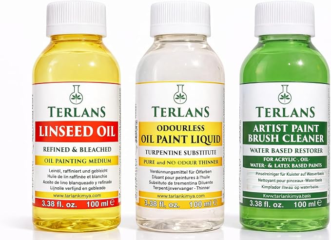 TERLANS Oil Painting Essentials Set, 3x100 ml (3x3.38 Fl.Oz.) | Linseed Oil, Brush Cleaner & Odourless Oil Paint Liquid for Smooth Flow, Controlled Dilution & Paint Care | Artist Oil Painting Supplies