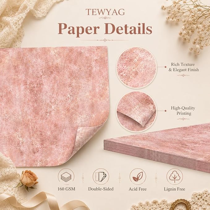 Vintage Scrapbook Paper Double Sided 12x12 Distressed Rose Gold 24 Sheets