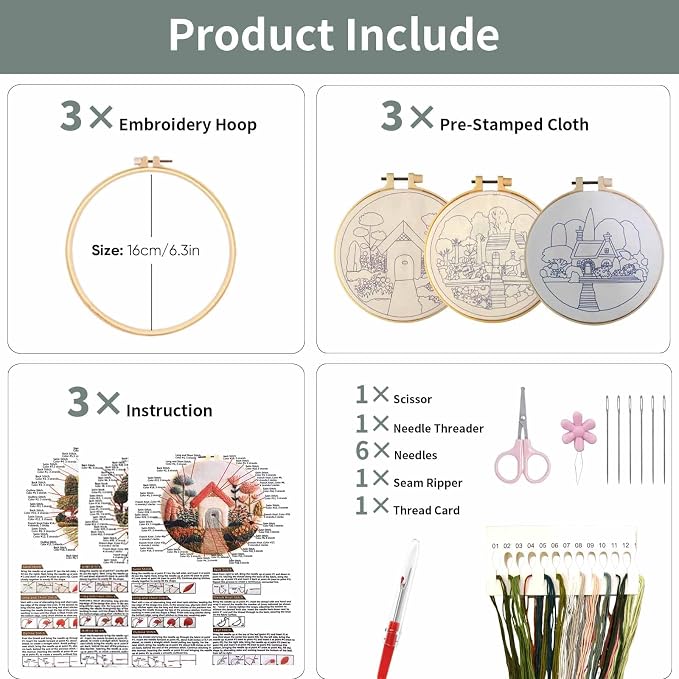 3 Packs Embroidery Kit for Adults, Embroidery for Beginners (Cottage)