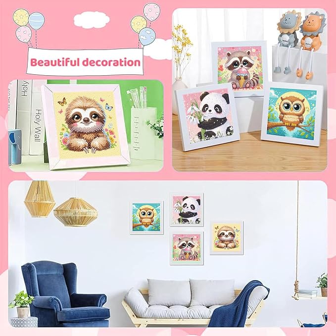 cviokrdu 4 PCS Diamond Art Kits for Kids, Animal Diamond Art for Kids Ages 4 8 12, Cute Sloths Koalas Owls Pandas Gem Art Kit Crafts Beginners for Gift Home Wall Decor(6x6inch)
