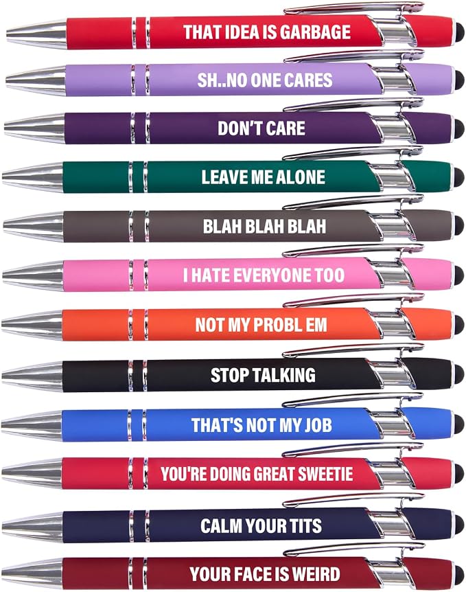 Actsun Funny Pens, 12 Pcs Pens Fine Point Smooth Writing Pens, Sarcastic Ballpoint Pens with Screens Touch Stylus Tips, Black Ink 1.0 Mm Snarky Pen, Gift Office Desk Accessories