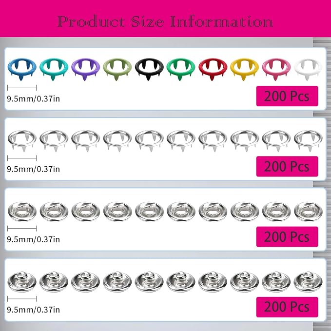 200 Sets Metal Snap Buttons with Fastener Pliers Press Tool Kit,Multicolor Mixing Hollow Sewing Snaps for Fabric,Prong Snap Button Kits for DIY Crafting Clothing Sewing (9.5mm / 800 PCS)