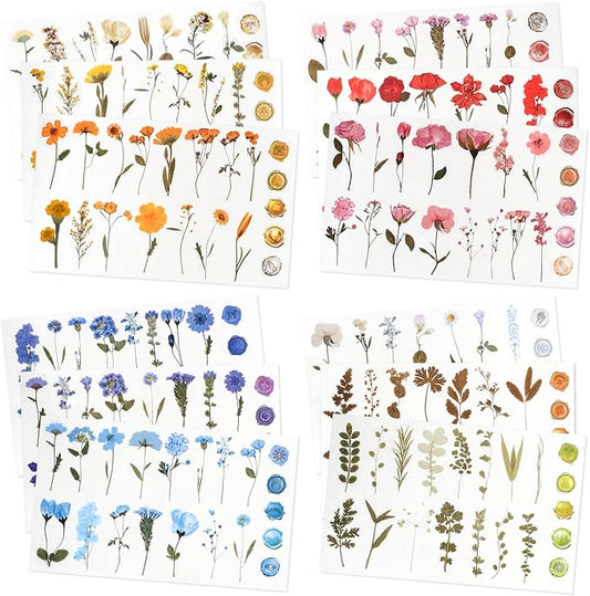 NESSCCI Pressed Flower Themed Stickers (Assorted 240 Pieces,12 Sheets) Scrapbook Supplies,Sticker for Journaling, Dried Floral Resin,Scrapbook Stickers,Junk Journal Sticker