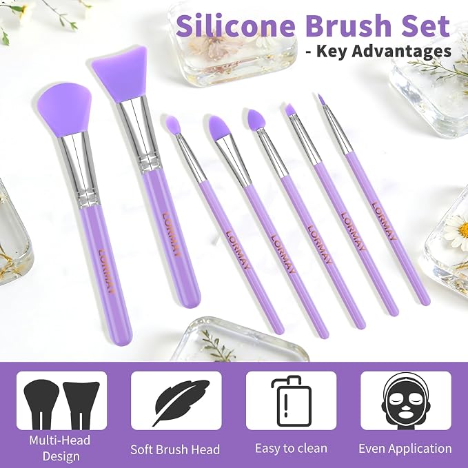 LORMAY 7-Piece Silicone Brush Set for UV Resin Crafts and Makeup, Purple | Easy Clean for DIY Epoxy Art and Makeup, Soft Reusable Tools, Gentle Applicator Suitable for All Skin Types