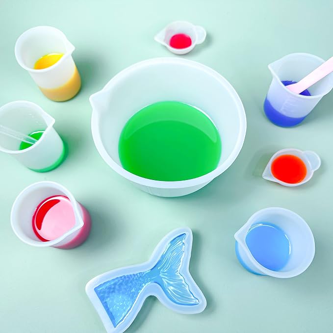 Silicone Measuring Cups Kit for Resin, Epoxy Supplies Set with 600ml, 250ml & 100ml Silicone Cups, Reusable Resin Supplies Cups with Silicone Mat, Stir Sticks, Mixing Cups for Molds Arts, Crafts