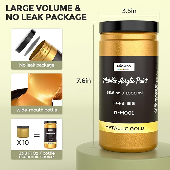 Nicpro Acrylic Paint Set Metallic,101.4oz/3000ml Gold Leaf Paint