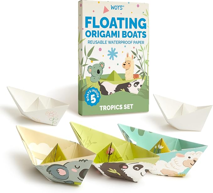 WOYS Floating Origami Boats | Tropical Set | Waterproof Premium Reusable Paper | Screen-Free DIY Arts & Crafts Activity & Gift | 5 Sheets | Bath, Pool & Indoor Play