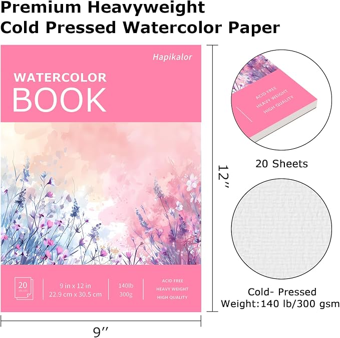 Hapikalor Watercolor Paper Pad, 9"x12" Water Color Paper, 140lb/300gsm Pink | Artist Painting Drawing Paper Book, Art Supplies for Adults Kids, Watercolors, Watercolor Paint Set, Sketchbook, Journal