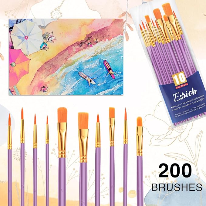 ESRICH 200PCS Paint Brushes, Paint Brush for Acrylic Painting | Artist Paintbrushes for Oil Watercolor, Body Face Rock Canvas, Small Paint Brushes for Kids, Purple