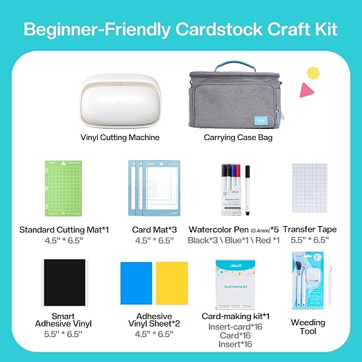 Likcut Vinyl Cutter Machine, Cardstock Bundle, 4.5" Die Cutting Machine | Complete Cardmaking Bundle Included, AI Ready-to-Make, Snap to Sticker, Compact & Portable Design, DIY Cards & Stickers