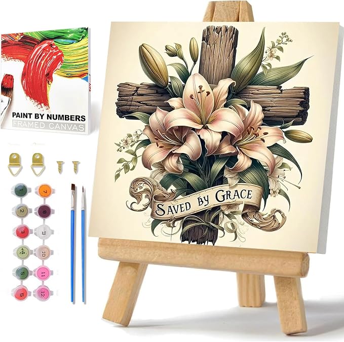 Cross Paint by Numbers Kit for Adults Beginner, Paint by Numbers 10x10 Inch | Framed Paint by Numbers Kit for Adults Beginner with Easel, Acrylic Painting by Numbers, DIY Crafts for Gifts or Home Decor